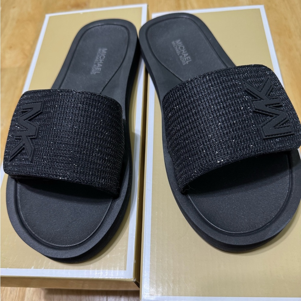 Michael Kors Black Glitter Slide Sandals